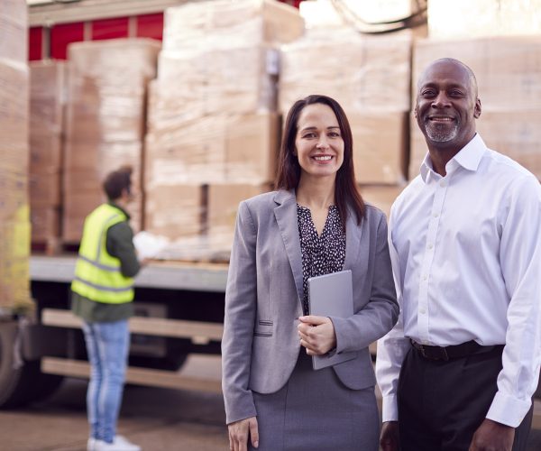 Portrait Of Multi-Cultural Freight Haulage Team Standing By Truck Being Loaded By Fork Lift